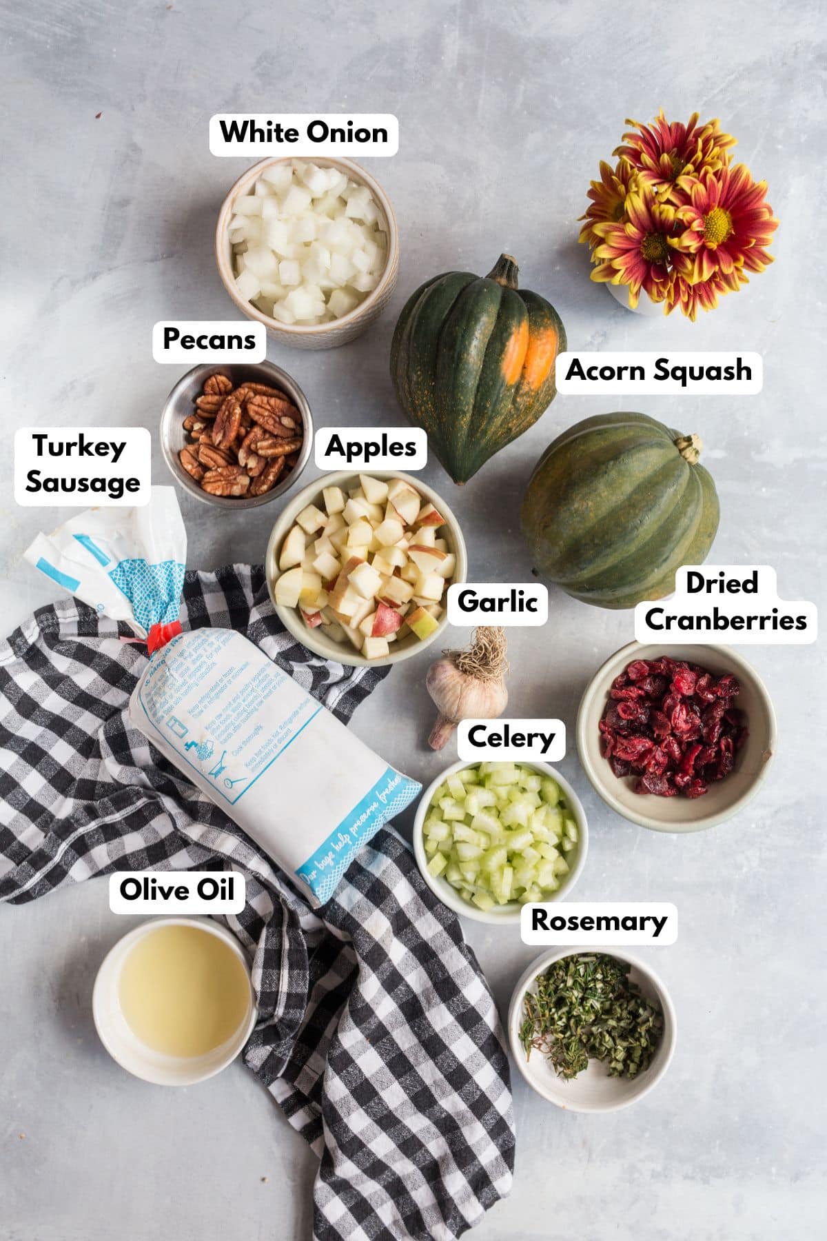 Ingredients for making turkey stuffed acorn squash in bowls.