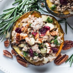 Turkey stuffed acorn squash on a plate.