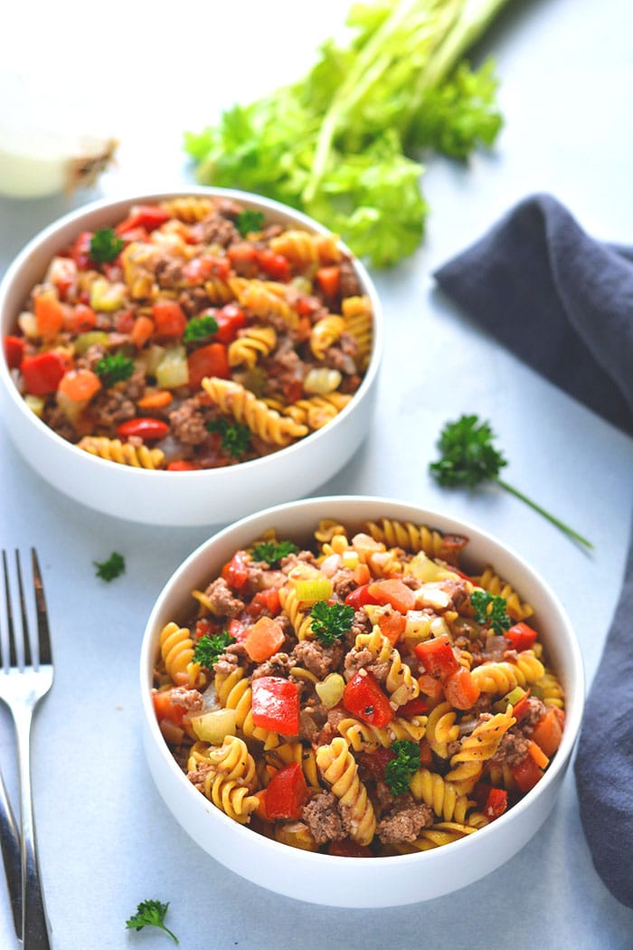 This Healthy Hamburger Helper recipe is a lighter version of a childhood favorite meal that adds vegetables and high protein chickpea pasta to make it a more balanced and filling, low calorie meal.
