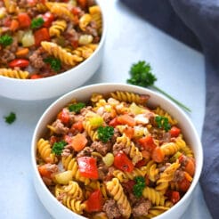 This Healthy Hamburger Helper recipe is a lighter version of a childhood favorite meal that adds vegetables and high protein chickpea pasta to make it a more balanced and filling, low calorie meal.