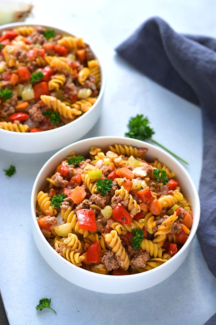 This Healthy Hamburger Helper recipe is a lighter version of a childhood favorite meal that adds vegetables and high protein chickpea pasta to make it a more balanced and filling, low calorie meal. 