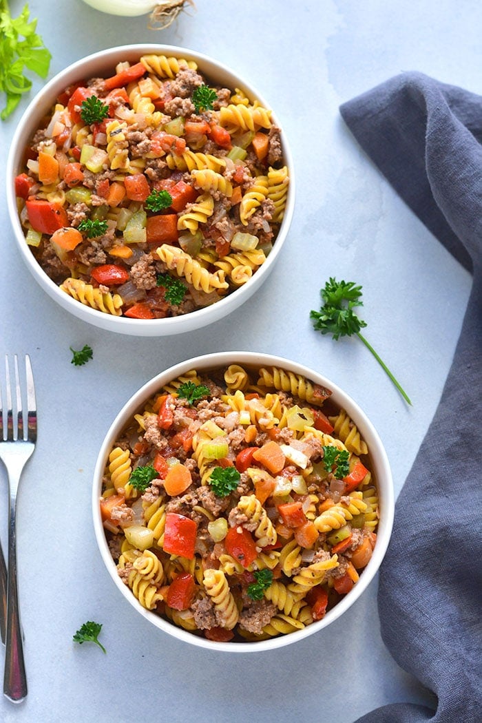 This Healthy Hamburger Helper recipe is a lighter version of a childhood favorite meal that adds vegetables and high protein chickpea pasta to make it a more balanced and filling, low calorie meal.