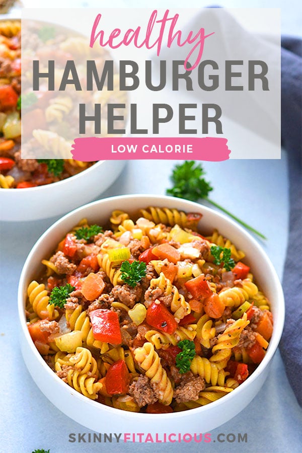 This Healthy Hamburger Helper recipe is a lighter version of a childhood favorite meal that adds vegetables and high protein chickpea pasta to make it a more balanced and filling, low calorie meal!