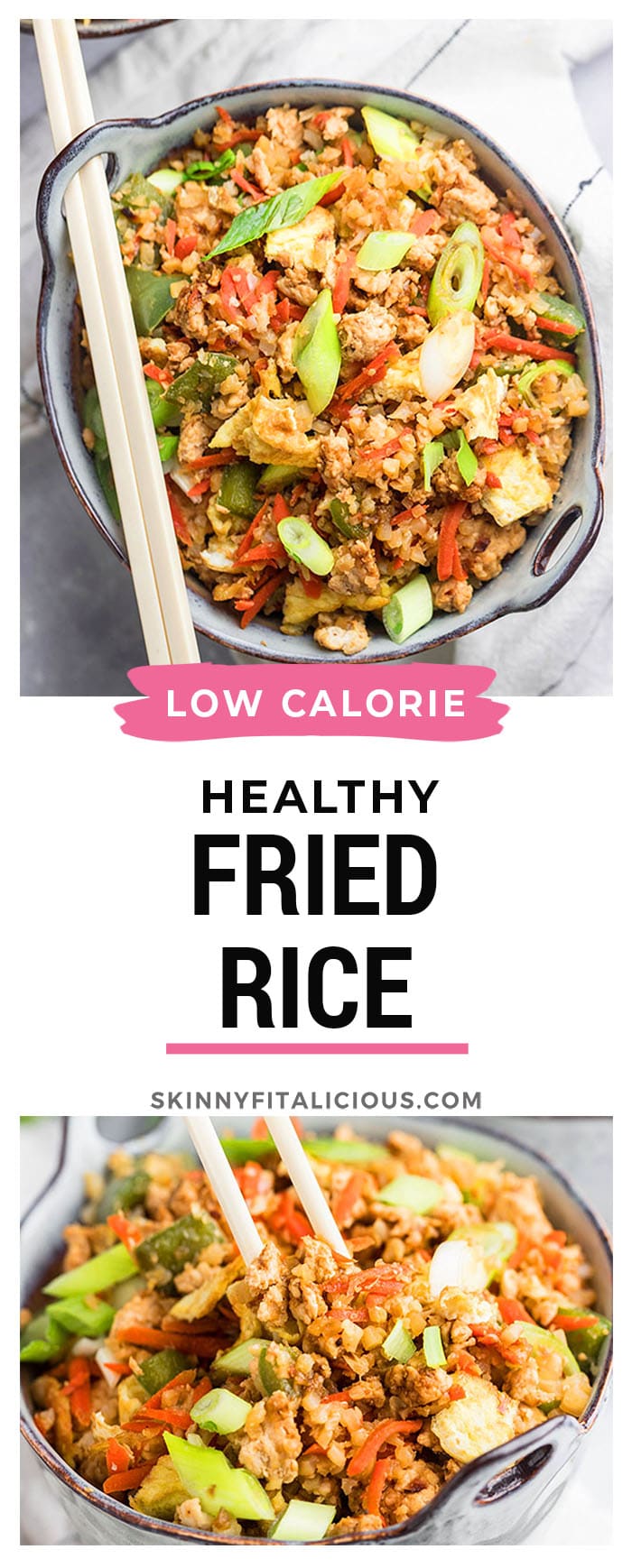 Healthy Fried Rice is protein and veggie packed, low calorie, low carb, full of flavor and so delicious! Make your own healthier takeout at home with this healthy fried rice dinner recipe!