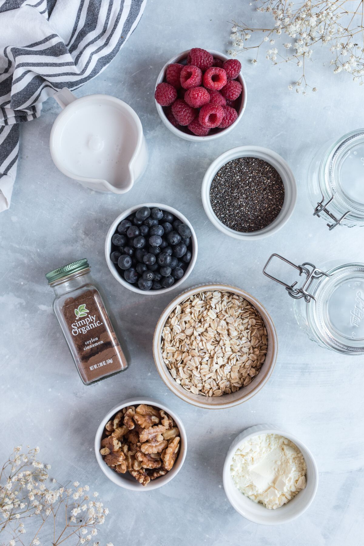 Ingredients for overnight oats with protein on the table before mixing.