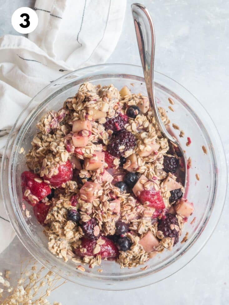 Berries and apple added to the bowl of oatmeal.