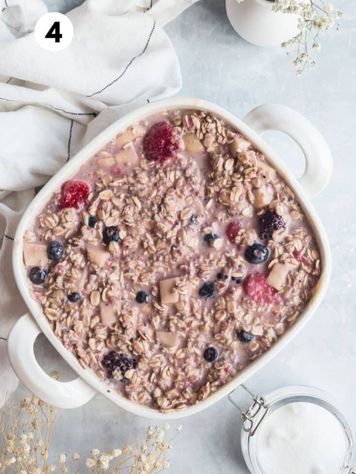 Oatmeal mixture transferred to a baking dish.