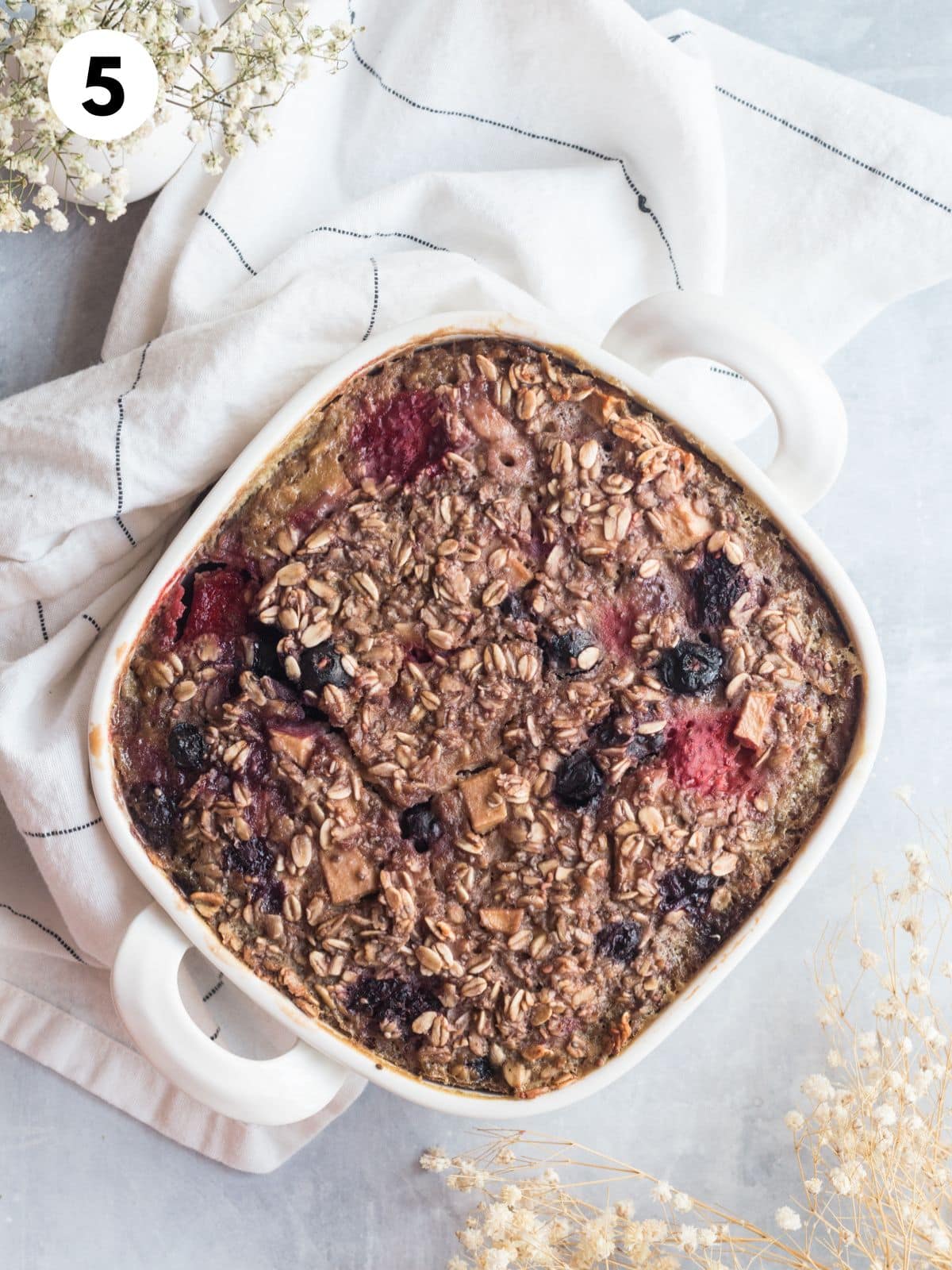 Baked oatmeal in a baking dish.