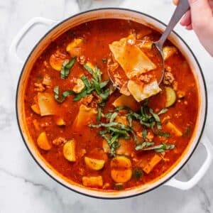 Healthy Lasagna Soup is packed with protein, veggies and fiber for a low calorie and gluten free soup recipe that's delicious and flavorful.