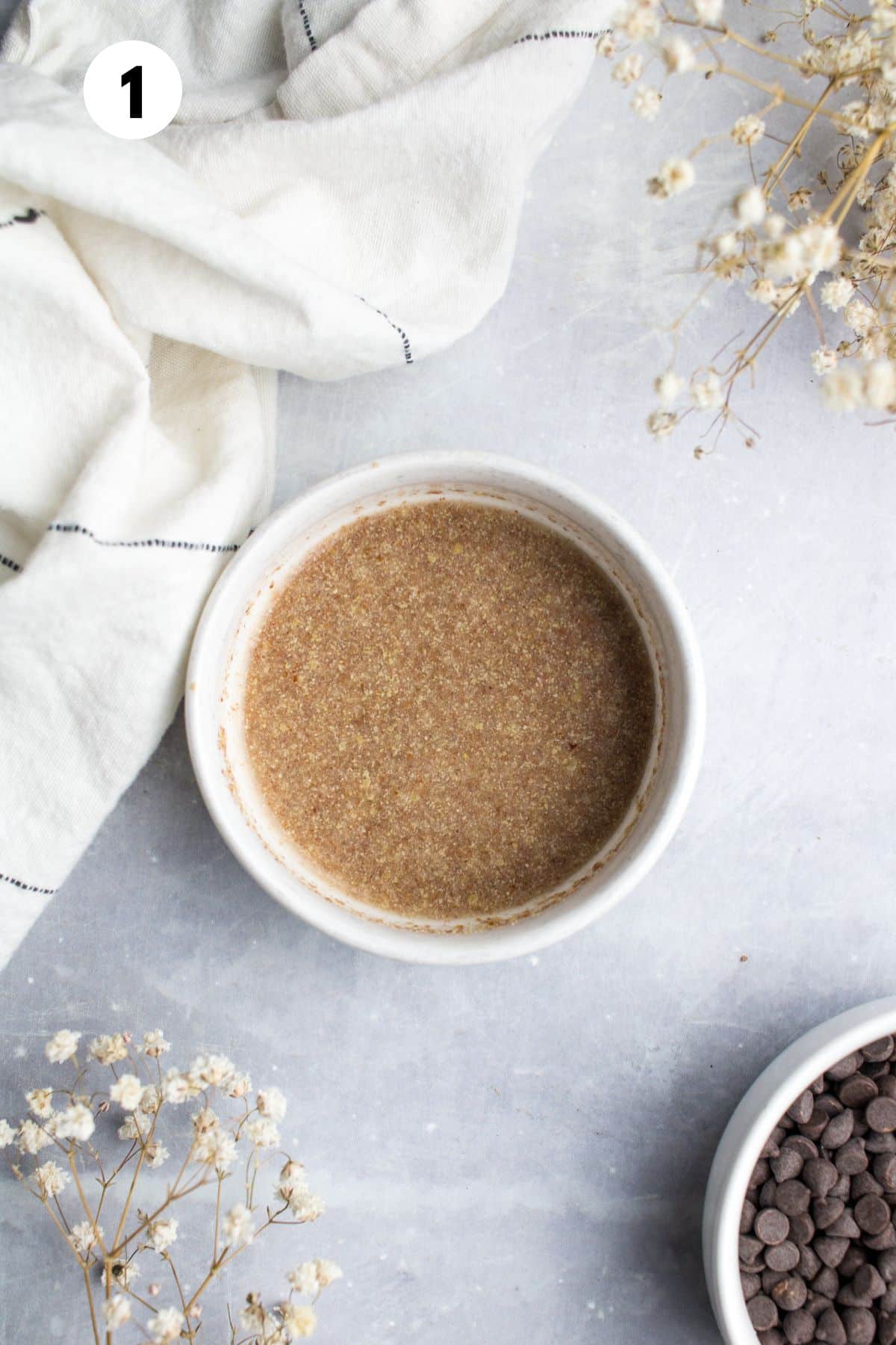 Flax and water mixed in a bowl to make a flax egg. 