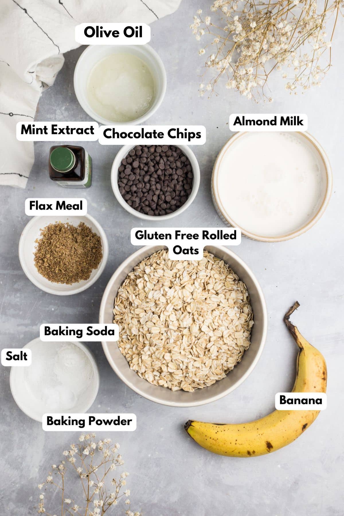 Ingredients to make banana and chocolate chip pancakes with labels to identify each one. 