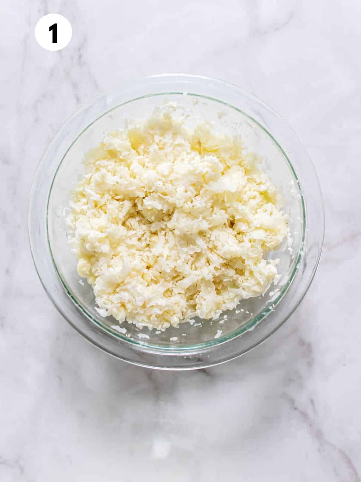 Riced cauliflower in a bowl.