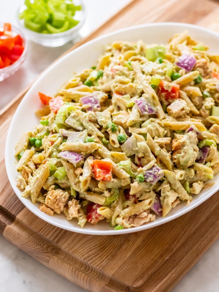Healthy Low Calorie Tuna Pasta Salad is higher in protein and made lower fat without mayonnaise.