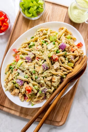 Healthy Low Calorie Tuna Pasta Salad is higher in protein and made lower fat without mayonnaise.