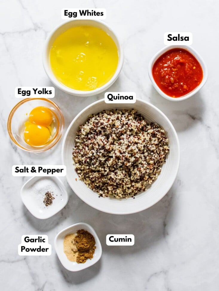Ingredients to quinoa egg muffins in bowls on the counter.