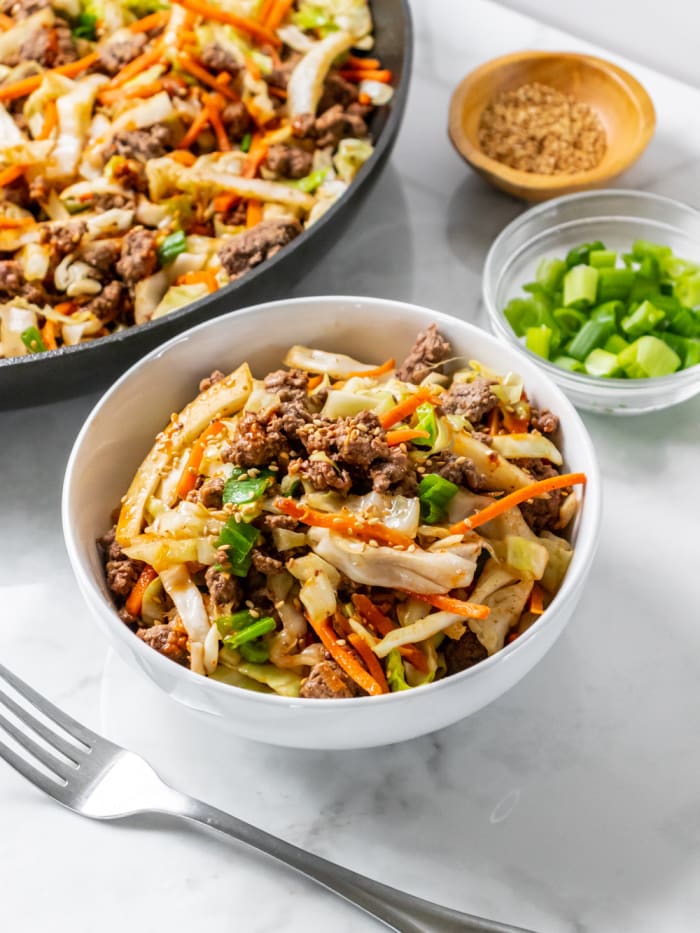 Low Calorie Beef Cabbage Bowls are a deconstructed version of cabbage rolls that is easy to make on the stovetop!