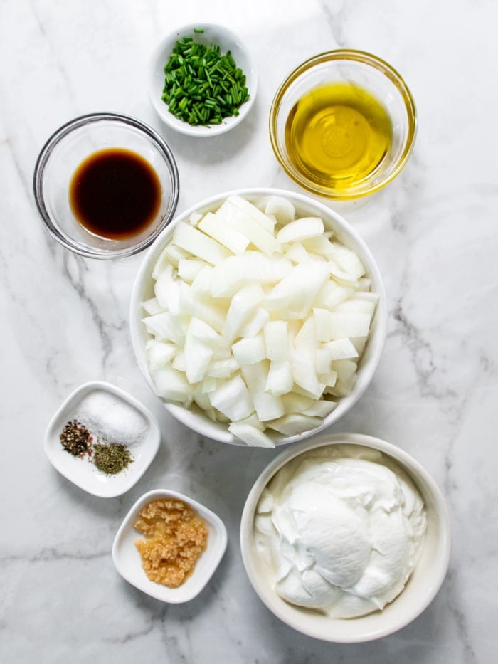 ingredients for healthy French onion dip with yogurt