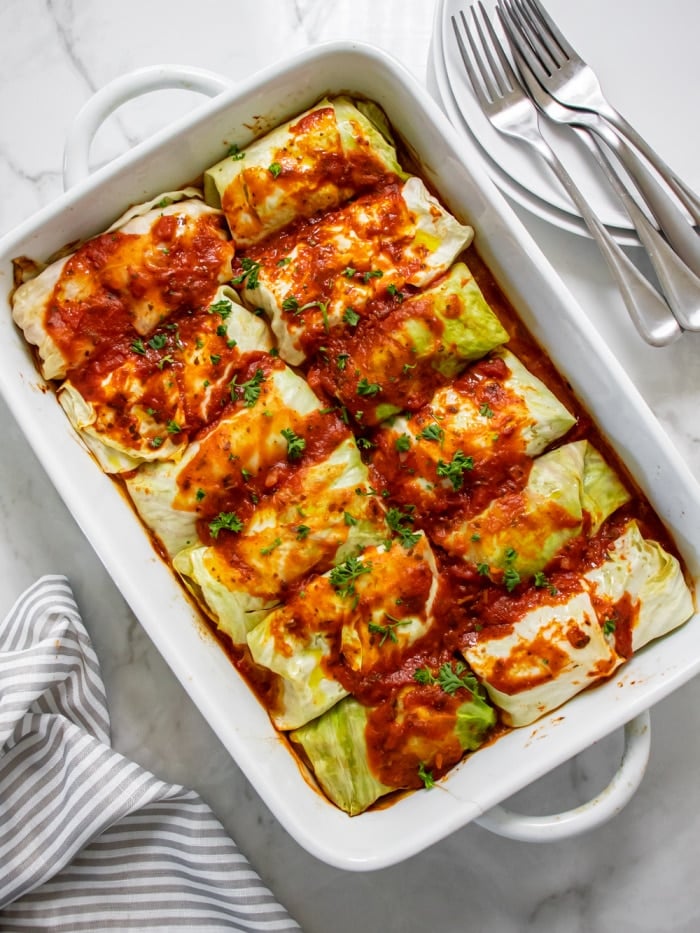 Low Calorie Cabbage Roll Casserole is a healthy casserole dish high in protein made with ground beef and simple ingredients.