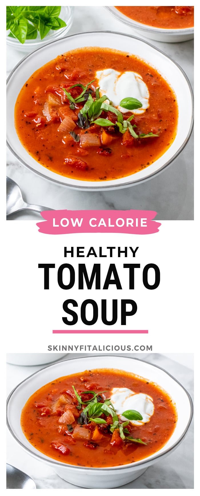 Low Calorie Tomato Soup made creamy with with a burst of protein in the instant pot or slow cooker. A healthy and simple homemade soup recipe that's made better for you!
