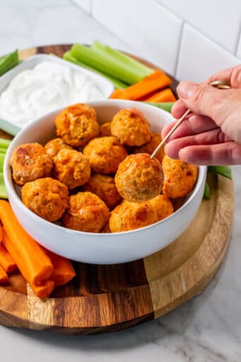 Healthy Buffalo Chicken Meatballs are a low calorie appetizer or meal that's easy to meal prep, delicious and perfect for a balanced protein meal or snack!