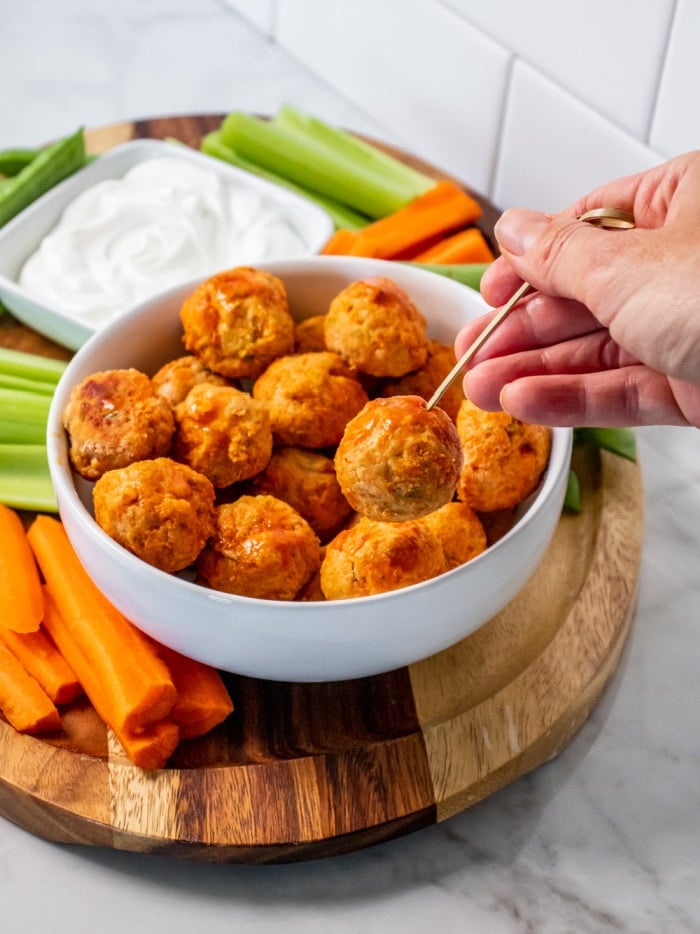 Healthy Buffalo Chicken Meatballs are a low calorie appetizer or meal that's easy to meal prep, delicious and perfect for a balanced protein meal or snack! 