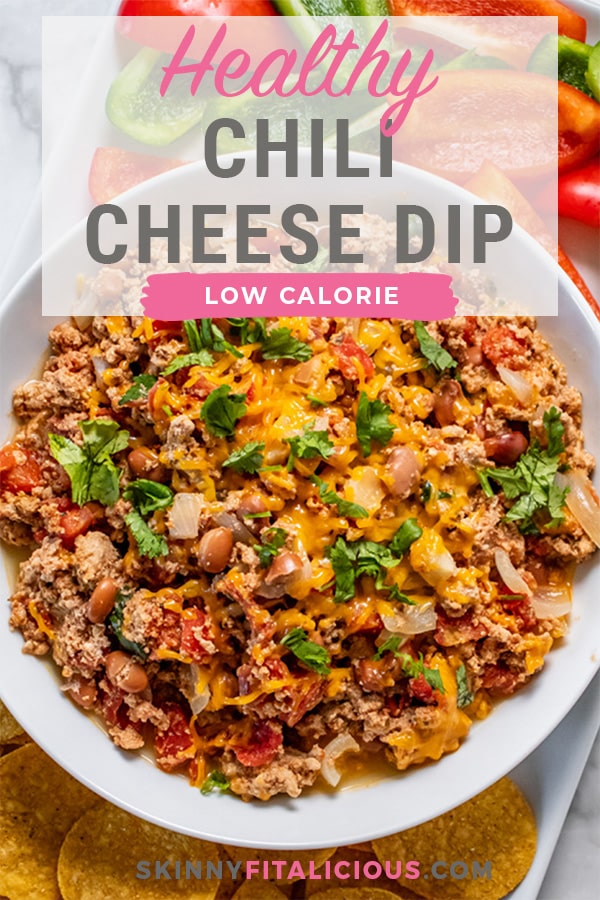 Healthy Crockpot Chili Cheese Dip is packed with protein and fiber to make a lower calorie appetizer.