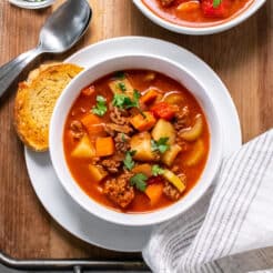 Healthy Beef Vegetable Soup is a simple low calorie homemade soup recipe. Easy to make on the stovetop, slow cooker or Instant Pot!