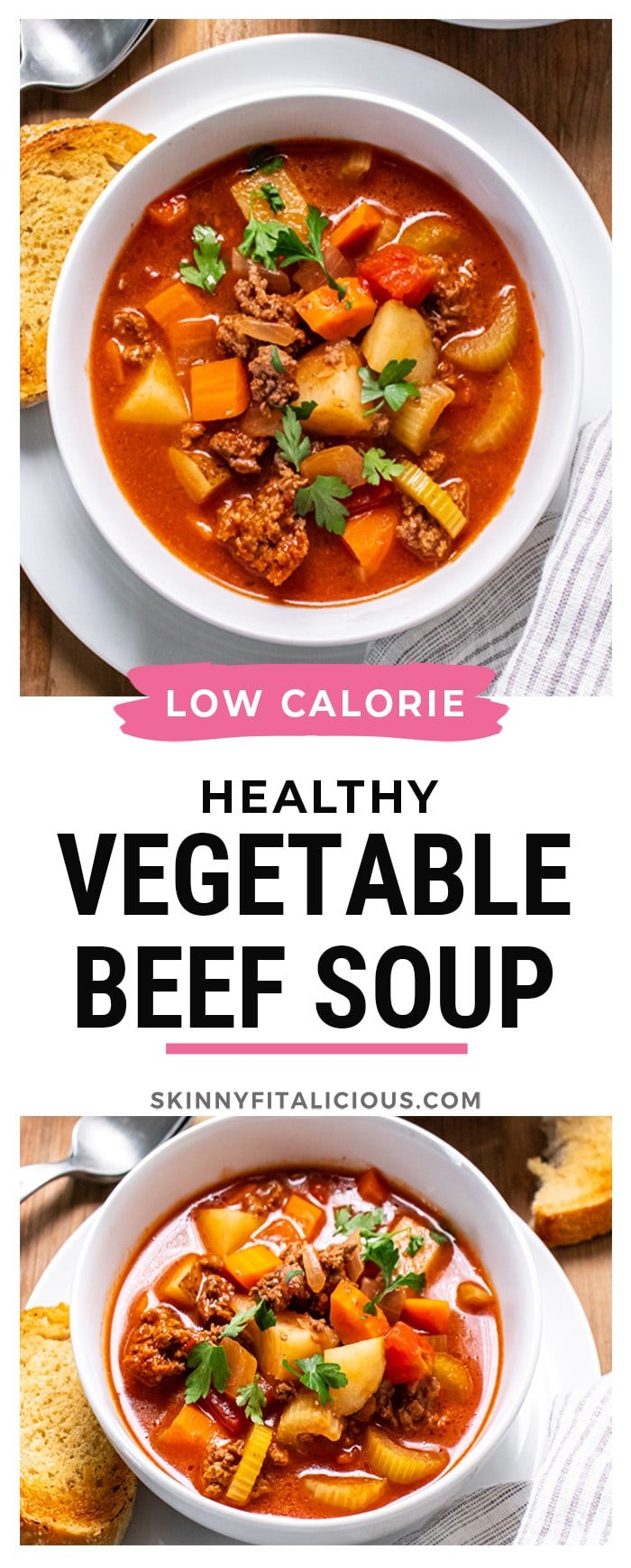 Healthy Beef Vegetable Soup is a simple low calorie homemade soup recipe packed with delicious flavor! Easy to make on the stovetop, slow cooker or Instant Pot for a hearty dinner.