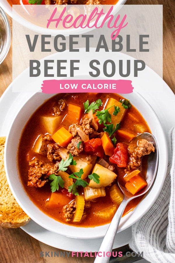 Healthy Beef Vegetable Soup is a simple low calorie homemade soup recipe packed with delicious flavor! Easy to make on the stovetop, slow cooker or Instant Pot for a hearty dinner.