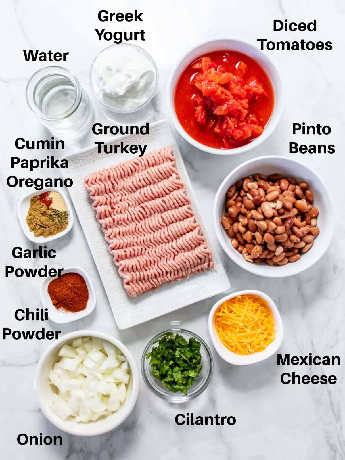 Healthy crockpot chili cheese dip ingredients in bowls on the table.