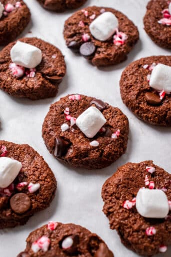 Healthy Peppermint Hot Chocolate Cookies are low calorie and gluten free. Made gooey on the inside and chewy on the outside, these lighter holiday cookies are fun and easy!