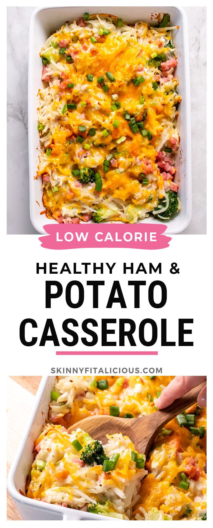 Healthy Ham and Potato Casserole is a low calorie casserole made with frozen shredded potatoes for ease loaded with broccoli and topped with a creamy cheese sauce! 