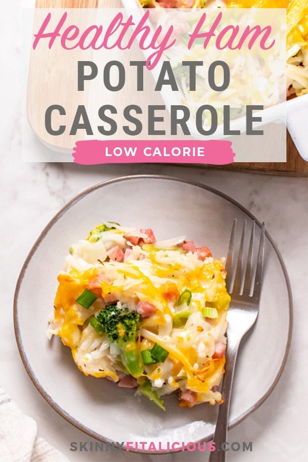 Healthy Ham and Potato Casserole is a low calorie casserole made with frozen shredded potatoes for ease loaded with broccoli and topped with a creamy cheese sauce! 