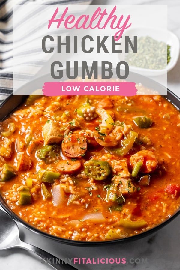 Healthy Crockpot Gumbo is pure comfort food made low calorie, with 30 grams of protein and high fiber. Made in a slow cooker, Instant Pot or stovetop you'll love how tasty and cozy this yummy stew recipe is!
