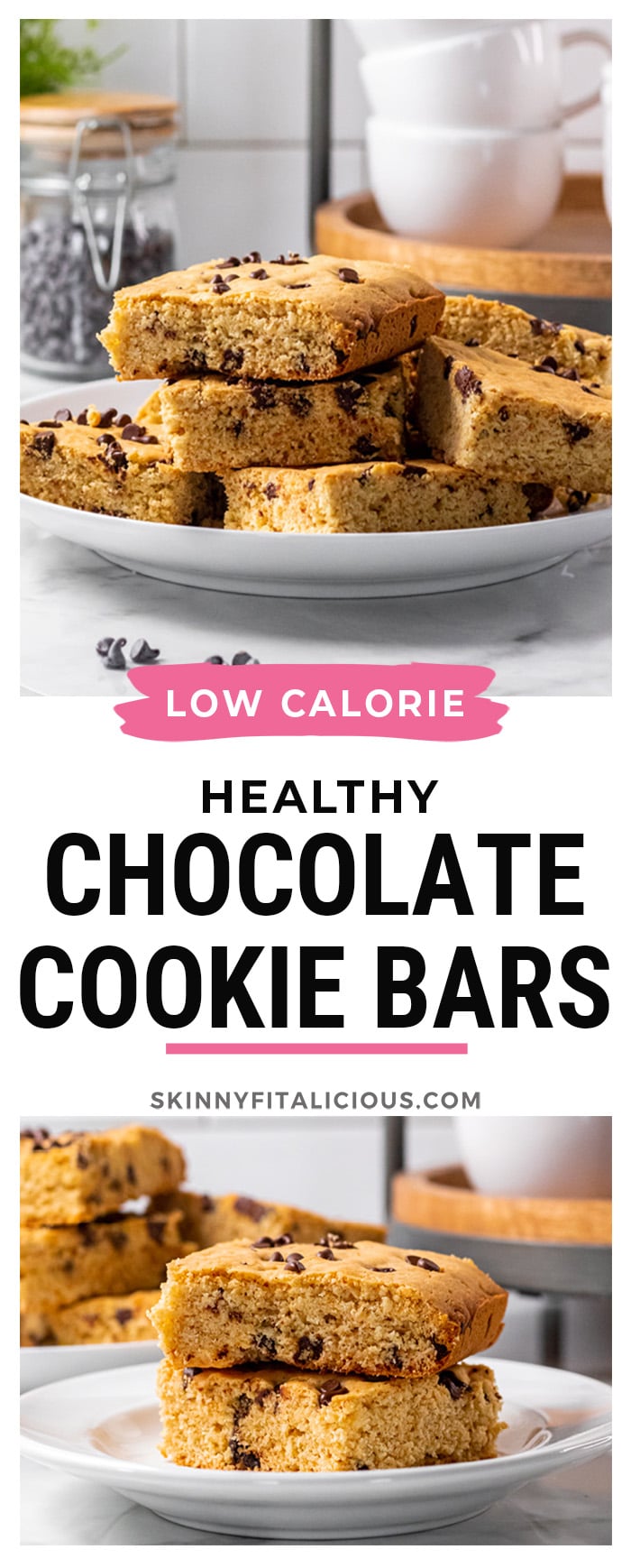 These Low Calorie Cookie Bars made with chocolate chips are delicious! Made with simple baking ingredients, they are only 100 calories per bar and easy to make! 