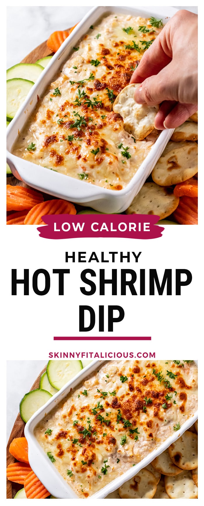 Healthy Hot Shrimp Dip made with yogurt and cottage cheese for a protein boost is low calorie and baked. 