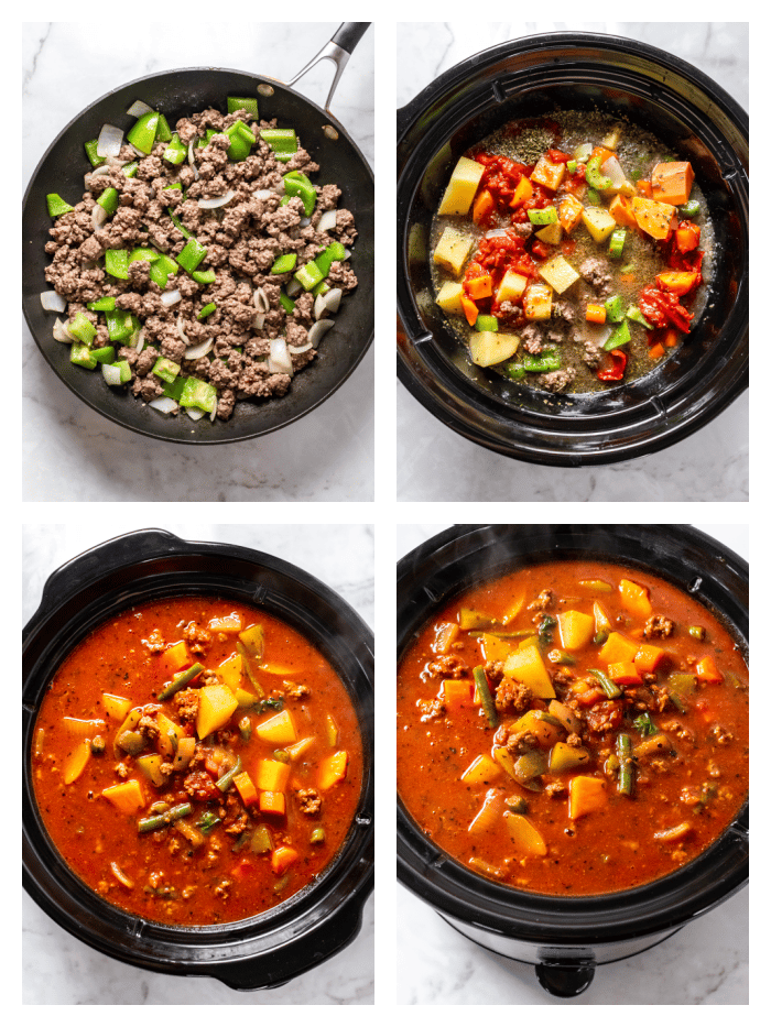 4 pictures showing cooking steps in a slow cooker for making hamburger soup