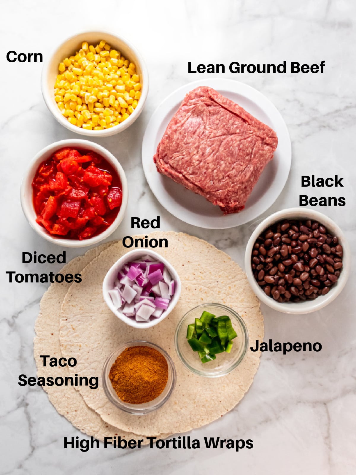 Ingredients to make a high protein burrito in bowls.