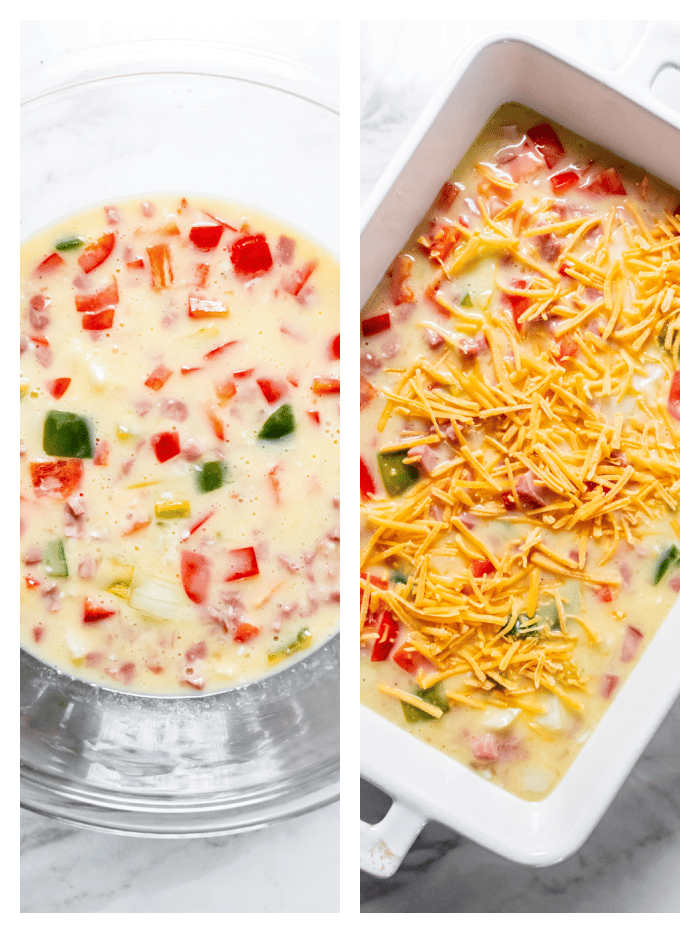side by side picture of mixing bowl of eggs and vegetable and a casserole dish of unbaked eggs