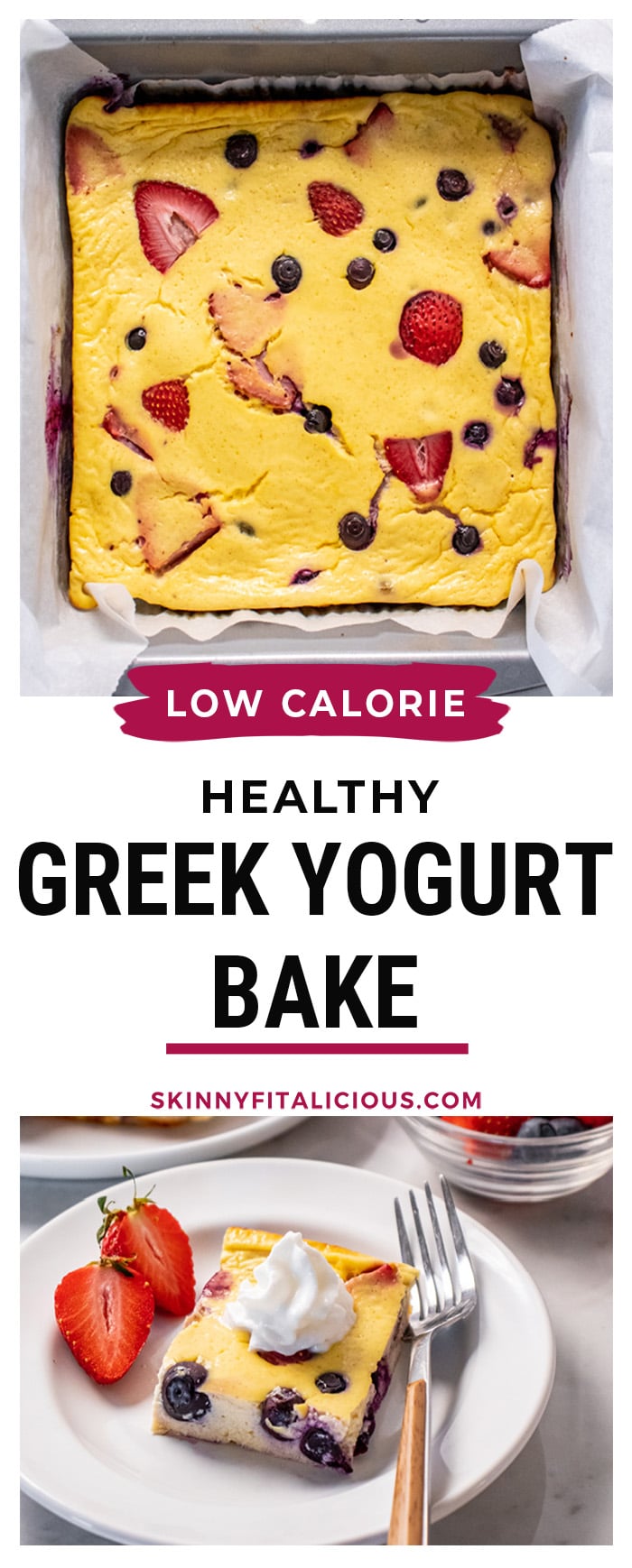 No Sugar Greek Yogurt Bake is a protein bake made low calorie and flourless. Baked in the oven with just 6 simple ingredients, these easy bake can be served for a healthy protein snack or breakfast. 
