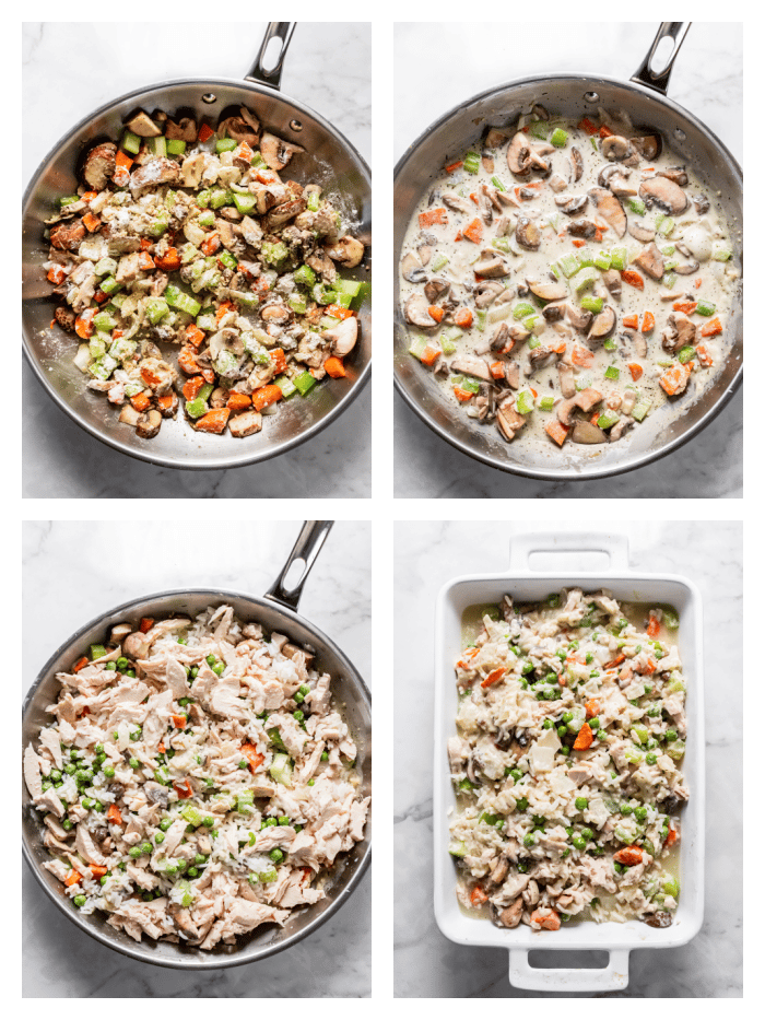 3 skillets with chicken pot pie ingredients cooking in them and one casserole dish
