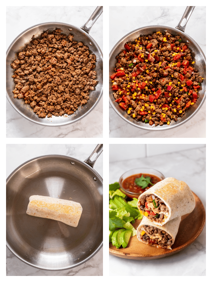 two pictures with ground beef in a silver skillet, one picture with a burrito in a skillet and a picture of a burrito 