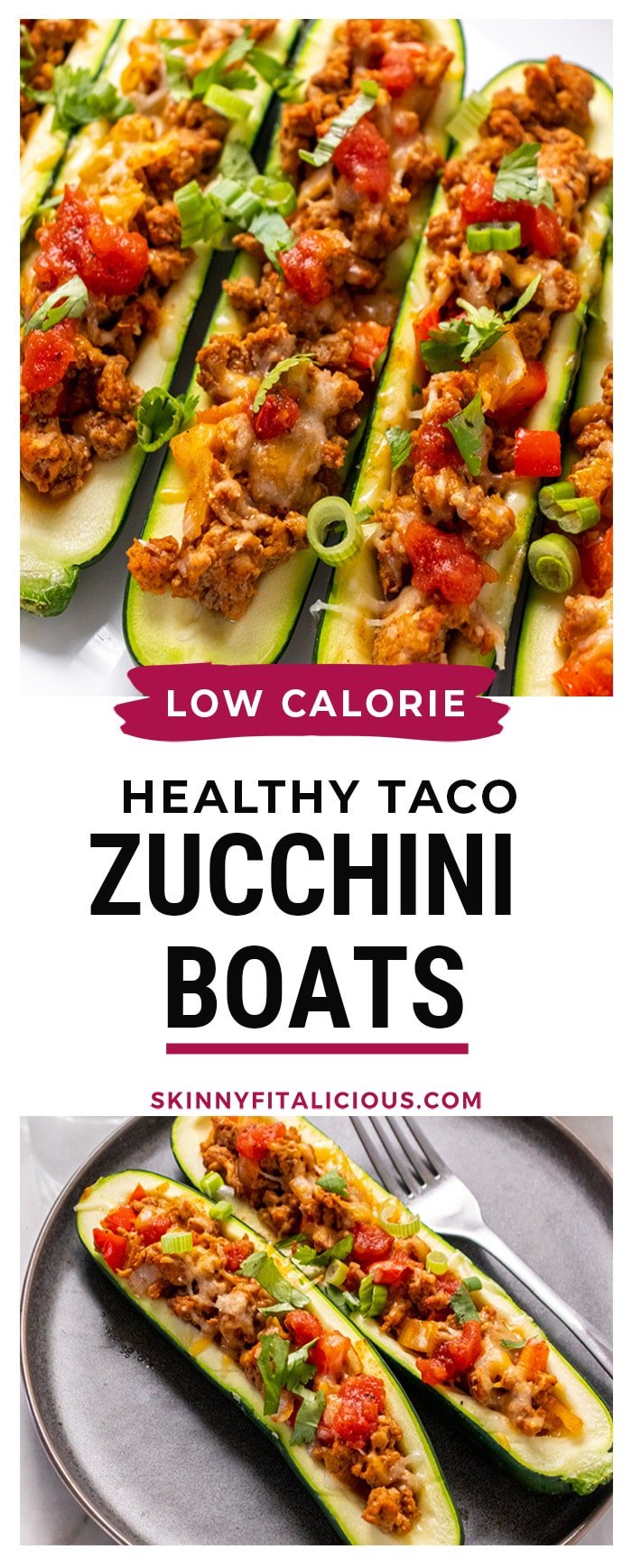 Healthy Zucchini Taco Boats made with ground turkey are low calorie and higher protein. A filling, protein and fiber filled meal that's easy and delicious! 