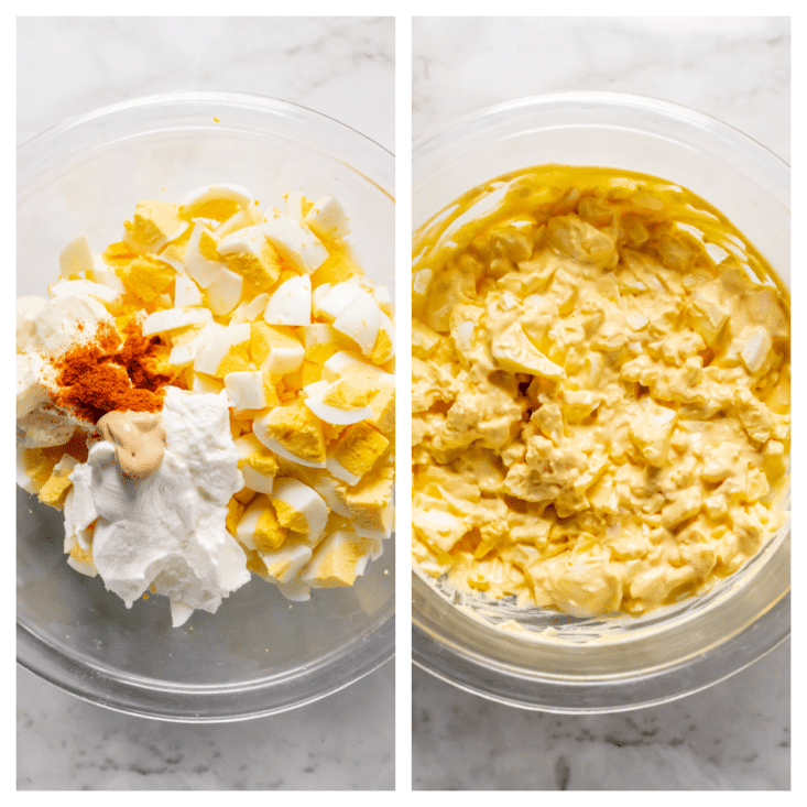 2 glass mixing bowls with egg salad
