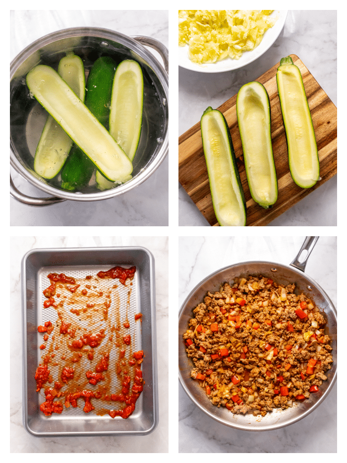 two pictures with sliced zucchini in halves, picture of ground turkey in a skillet and a sheet pan with tomatoes