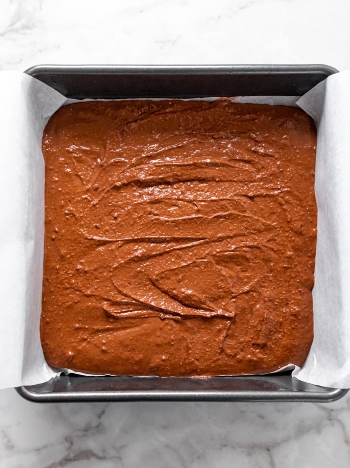 baking pan with chocolate brownie batter