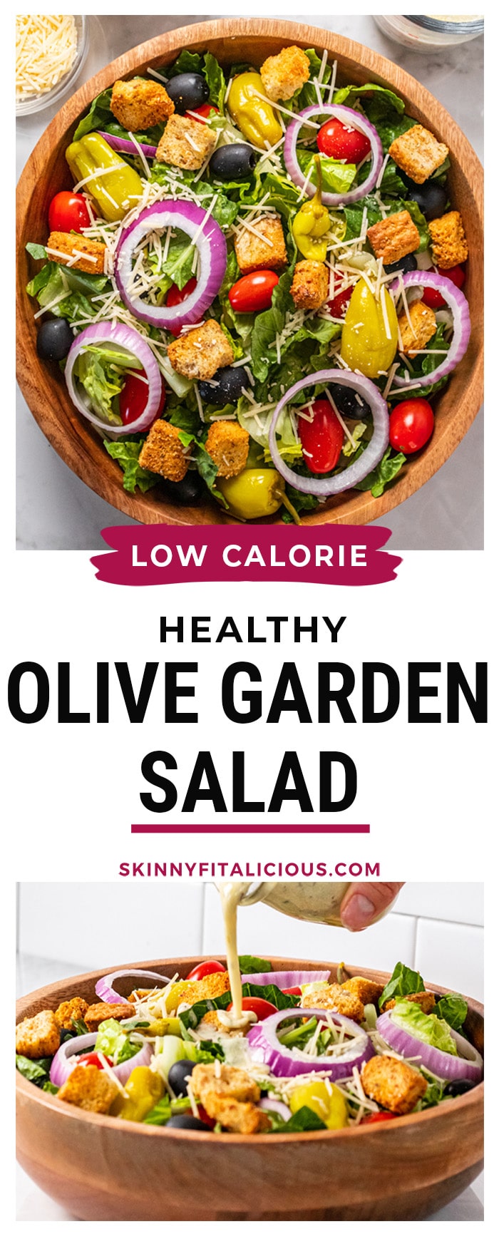 Healthy Olive Garden Salad is a copycat recipe that tastes just like the restaurant version you love! A lighter salad recipe with fresh vegetables and topped with a lower calorie dressing!