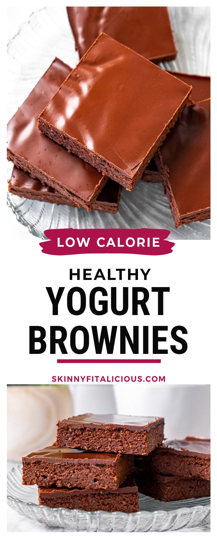 Healthy Greek Yogurt Brownies made with oat flour are lighter, packed with protein and topped with a chocolate ganache.