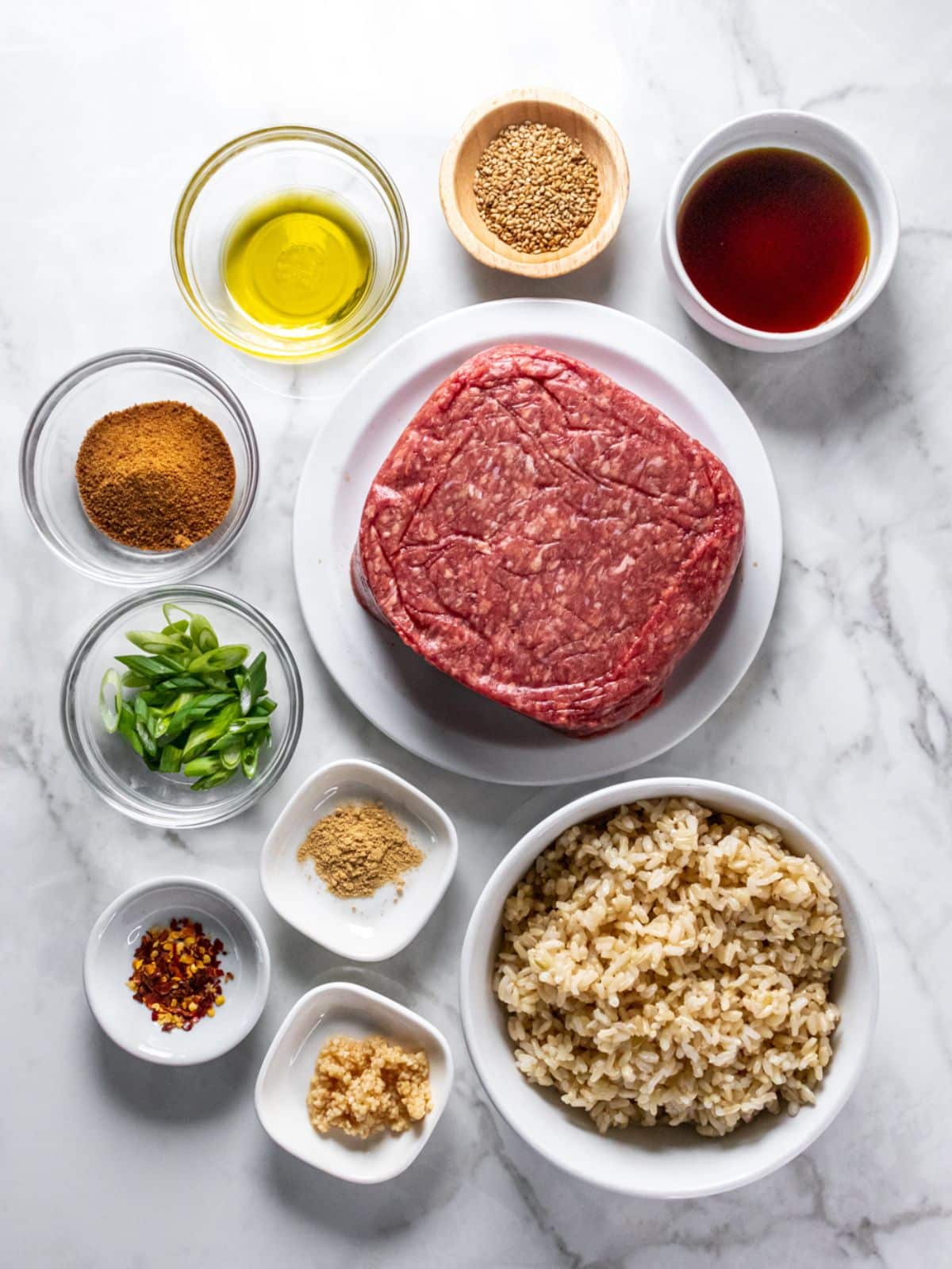 Ingredients to make Korean beef bowls on the table before preparing.