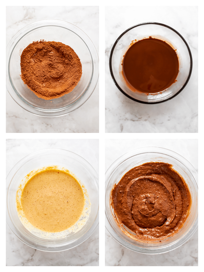 four pictures of brownie batter